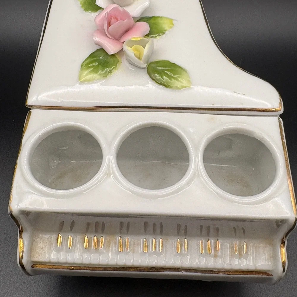 Vintage DeVilbiss Ceramic Floral Piano W/Gold Accents Candle Holder Trinket Box
